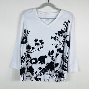 Chico's Size Large 12 2 Vines Everyday 3/4 Sleeve Tee Top White Black